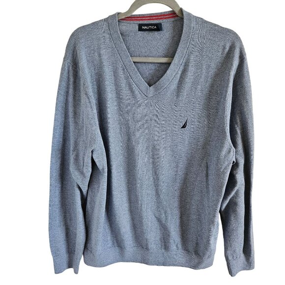 Nautica Mens Size L Heather Blue V Neck Sweater Cotton Blend ClassicPreppy